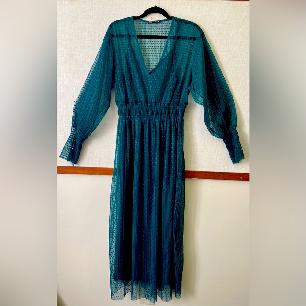 Zara Teal Mesh Overlay Dress